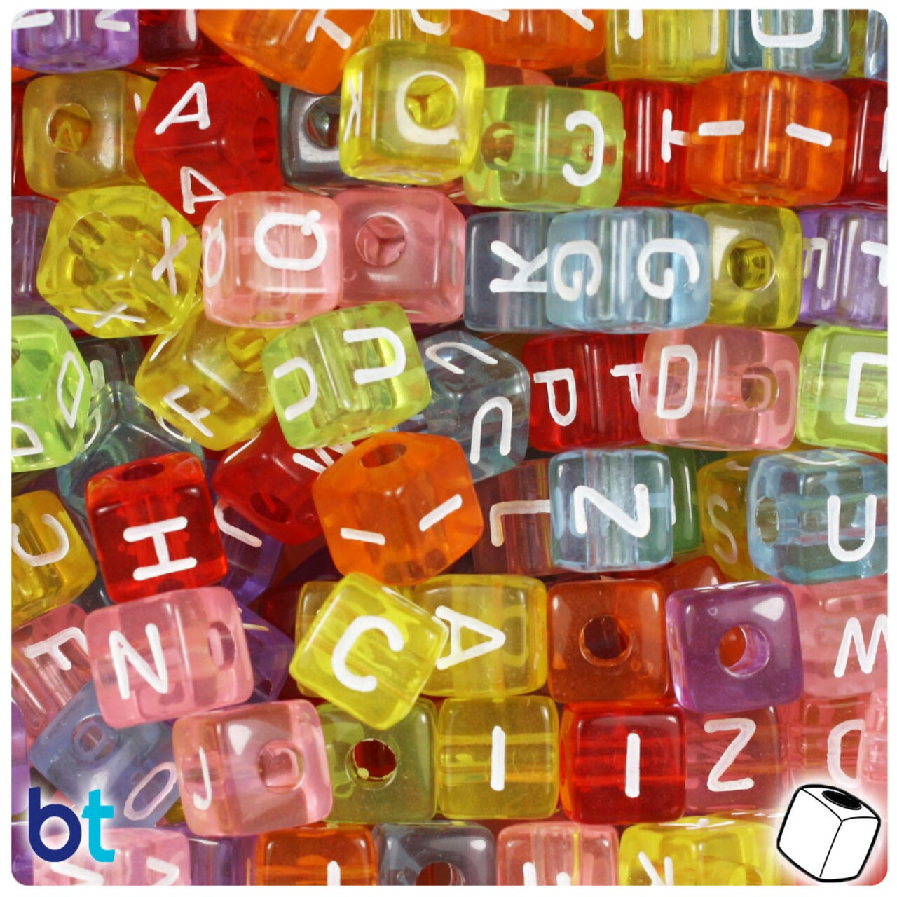 BeadTin Mixed Transparent 10mm Cube Plastic Alpha Beads - White Letter Mix (100pcs)